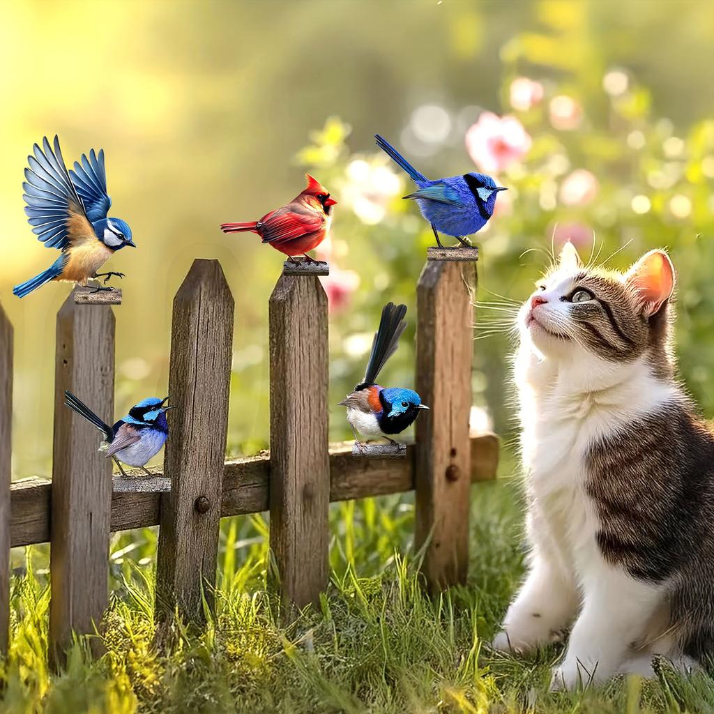 5 Stück künstlerische Eisen-Vogelfiguren für den Außenbereich, Garten und Zaun, in kräftigen Farben