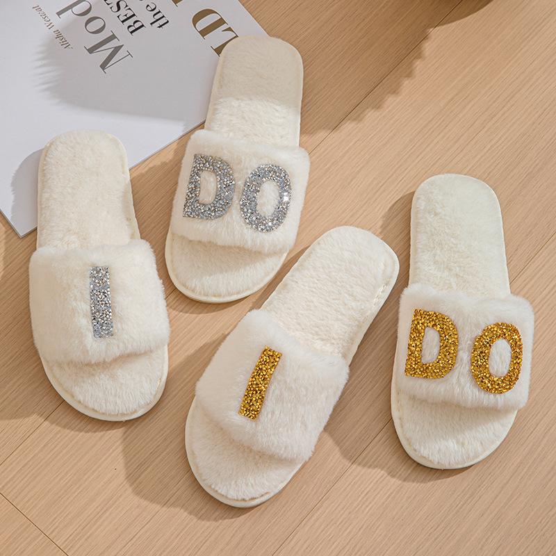 IDO Women's Furry Pearl Wedding Bachelorette Plush Slippers