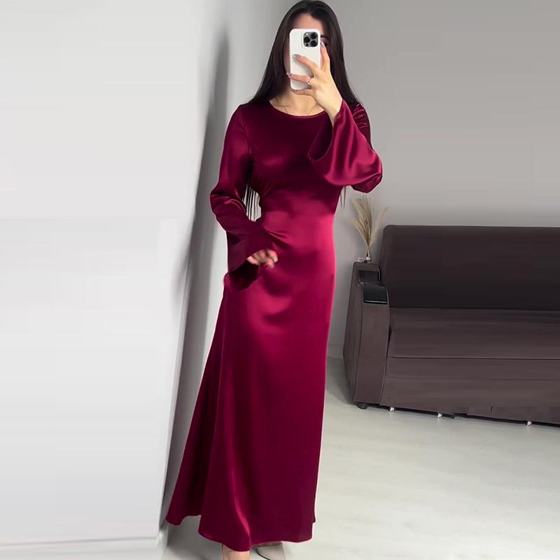Long Sleeve Elegant Evening Satin Dress For Women High Waist Slim Lace Up Maxi Dresses Femme France Vintage Vacation Banquet Mermaid Bodycon Dresses