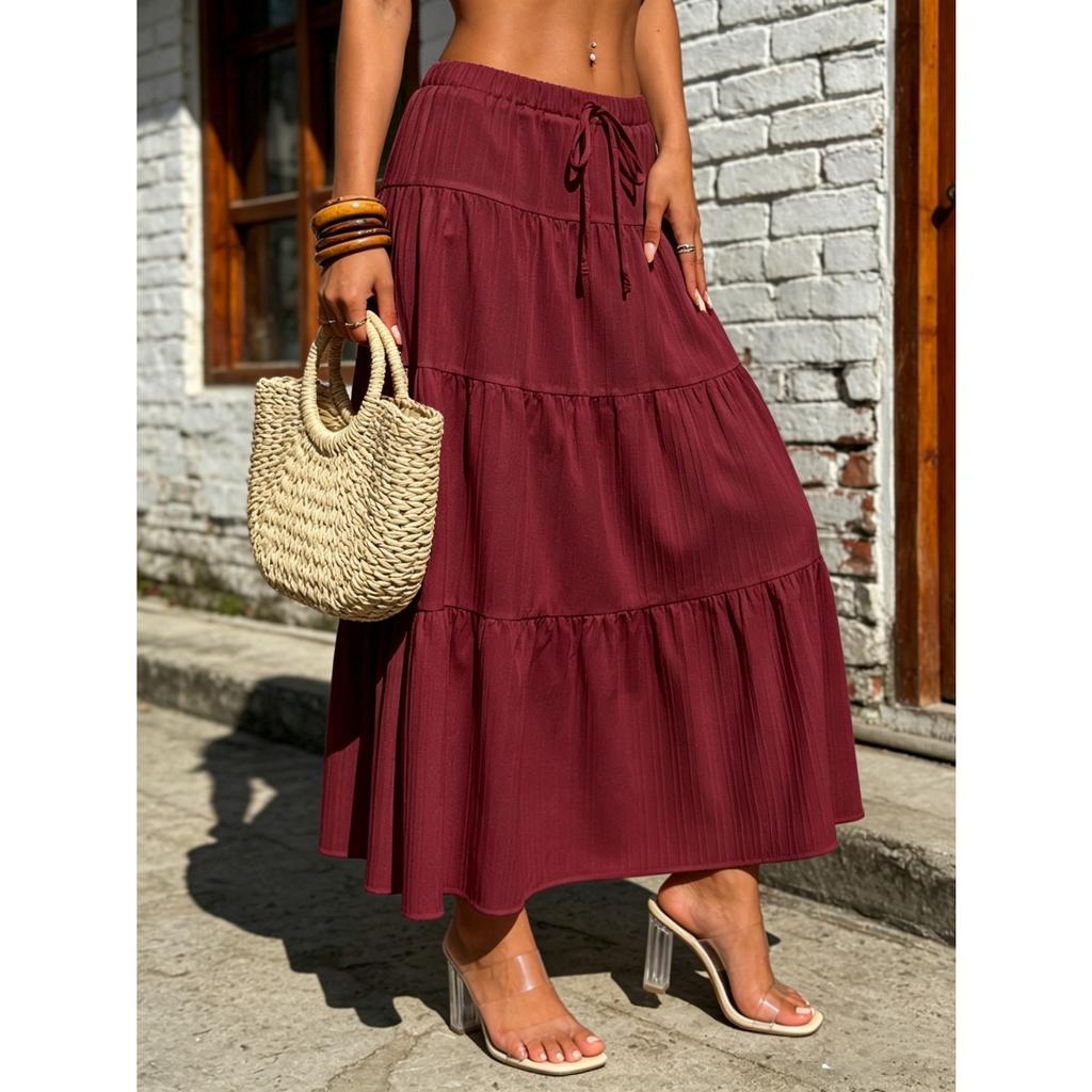 Women's High Waist A Line Maxi Skirt Loose Fit Casual Solid Color Long Boho Skirt