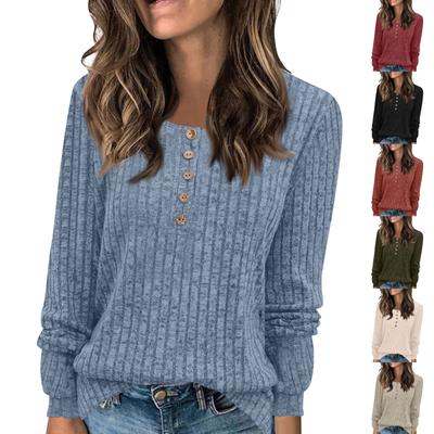Women's Casual Solid Button Round Neck Sanding Sweatshirt Long Sleeve Top