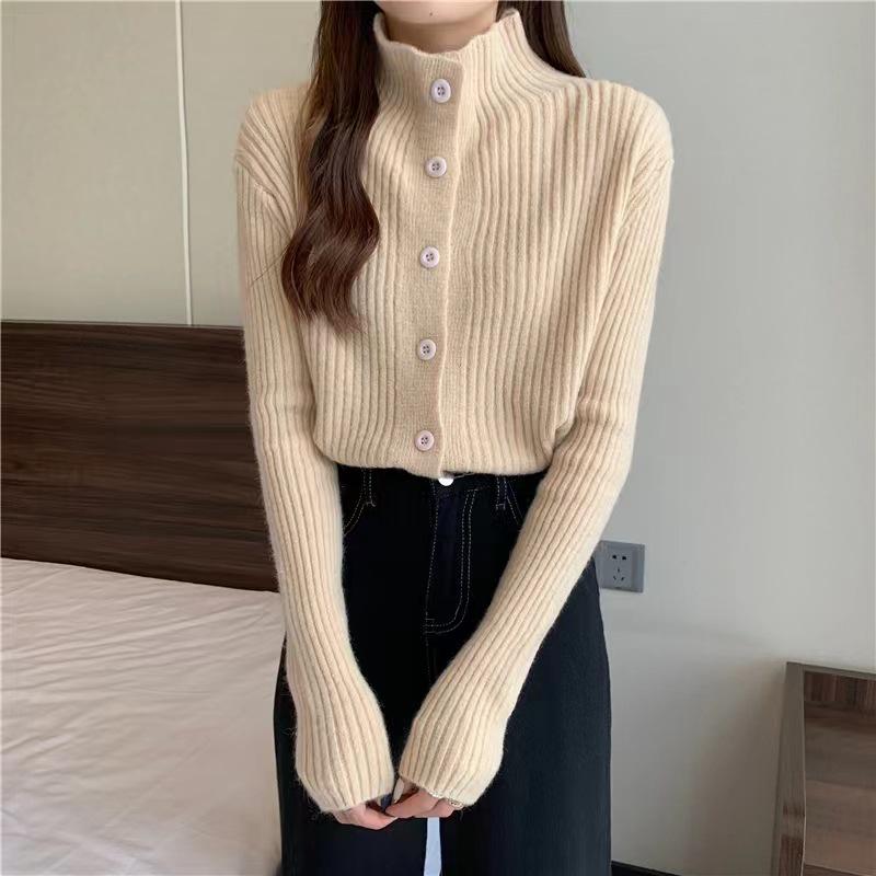 Women's 100% Pure Wool Stand Collar Loose Cardigan - High Neck Ribbed Cashmere Sweater, Autumn & Winter Style.