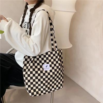 Vintage Fashion Corduroy Checkerboard Soft Shoulder Tote Bag Women Students Classroom Canvas Bag Simple Tote Cloth Shopping Bags