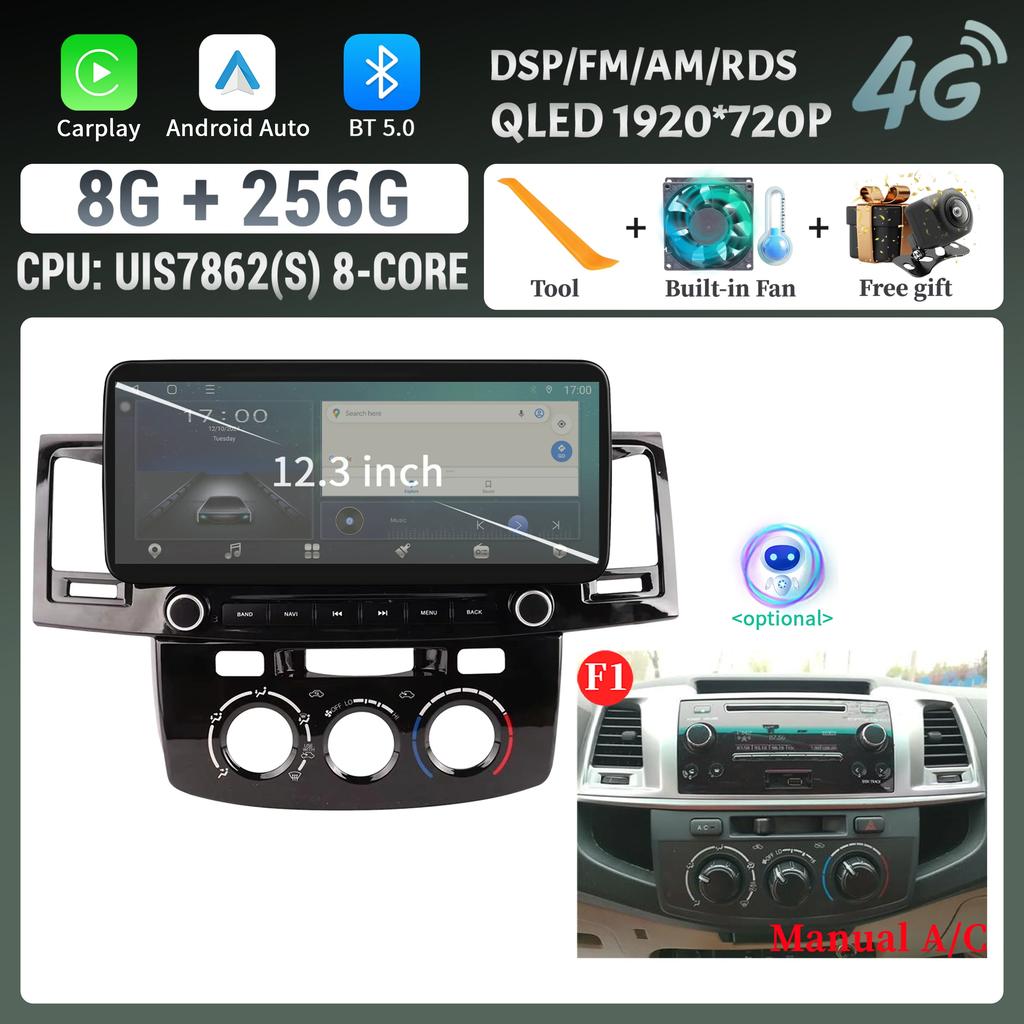 12.3″Car Radio Multimedia 4G GPS For Toyota Hilux 2005-2014 Android 14 Navigation Wireless Carplay Bluetooth Touch Screen