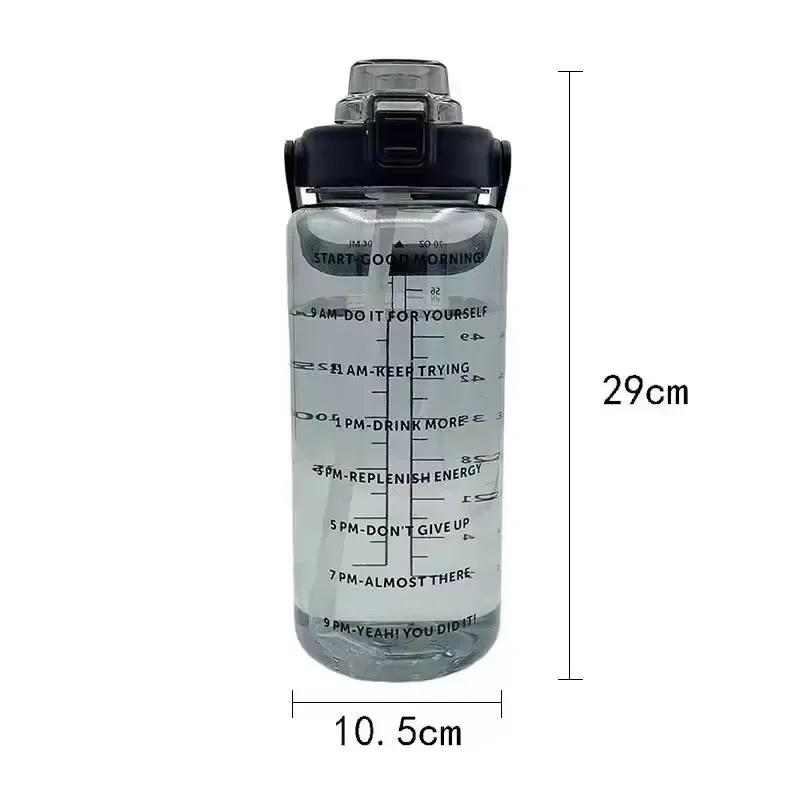 Large Capacity 2L Portable Plastic Water Bottle with Time Marker for Outdoor Sports Fitness Drink Cup Straw