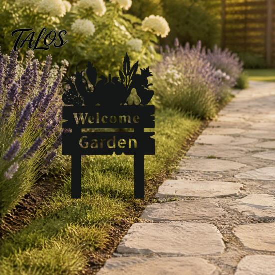 Modern Yard Art Welcome Decorative Sign, Wildflowers/Vegetables Silhouette Black Garden Stake, Outdoor Soil Insert Acrylic Rustic Lawn Sign for Front