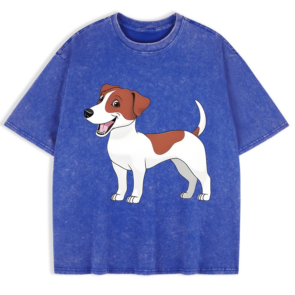 Russell Terrier Puppy Printing Washed T-Shirts Mens Cotton Short Sleeve Tops Street O-Neck Oversize T Shirt Clothes