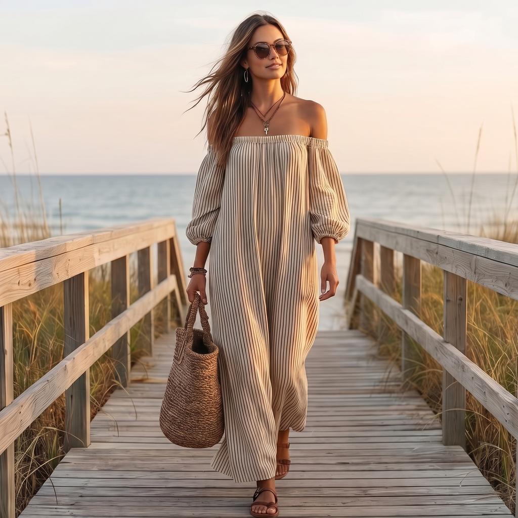 Off Shoulder Long Sleeve Loose Fit Striped Maxi Dress for Women Casual Bohemian Style Lightweight Fabric