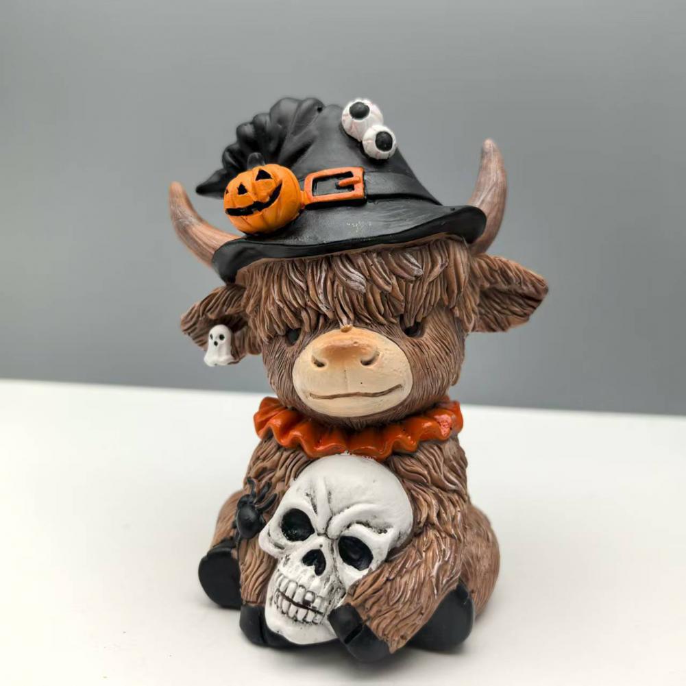 Highland Cow Ornament Highland Cattle Statue Halloween Highland Cow Figurine with Pumpkin Skull Resin Sculpture