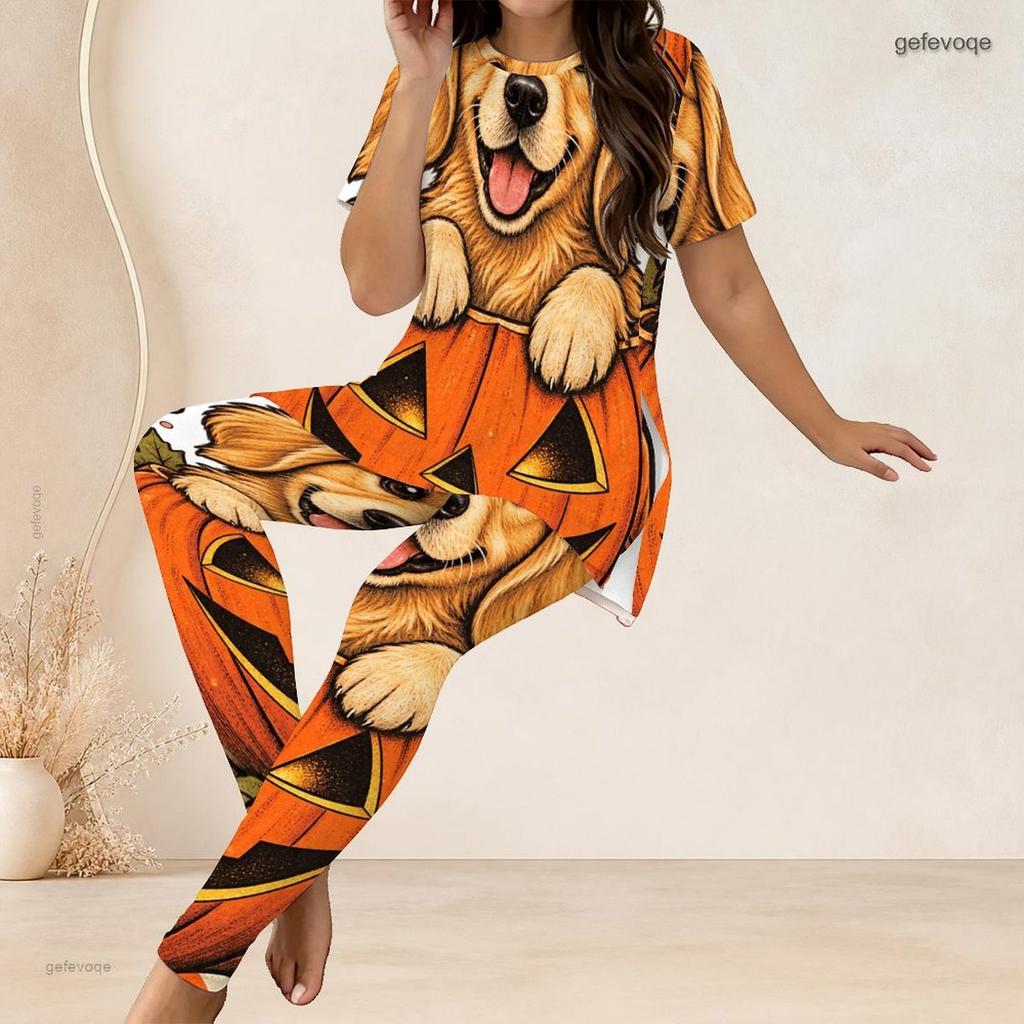 Women Plus Size Two Piece Pants Set Round Neck Short Sleeve Printed Longline Top And Fitted Long Pants