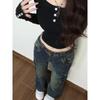 Jeans Cargo a Zampa Bassa da Donna Lavaggio Vintage Denim Micro Svasato Pantaloni Americani Y2K Streetwear