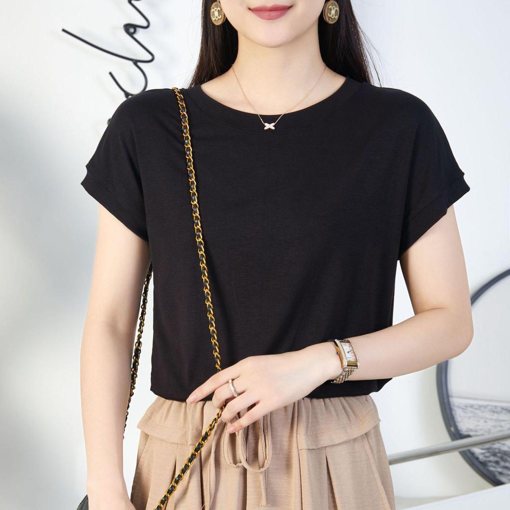 Dámské tričko Douyin s kulatým výstřihem a netopýřím rukávem - jednobarevné, ležérní, volný střih s krátkým rukávem