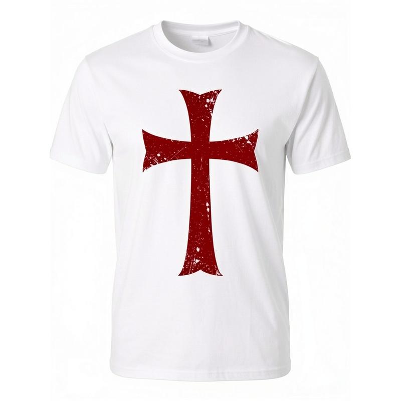 Herren Tempelritterkreuz Mittelalter Ritter T-Shirt - 100% Slim Fit Schwarz mit Roter distressed Tempelritterkreuz Druck, Ganzjahres Freizeit Streetwear,