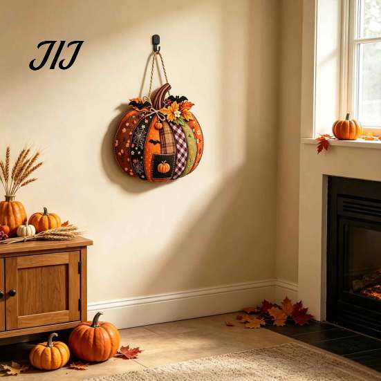 Seasonal Indoor Outdoor Sign Patchwork Pumpkin Wooden Door Hanger, Fall Harvest Halloween Decorative Maple Leaf Wreath with Leaves Berries, Farmhouse