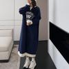 Autumn Winter Fashion Print Letter Fleece Long Dresses Women Round Neck Loose Casual Versatile Warm Simple Long Sleeve Dress