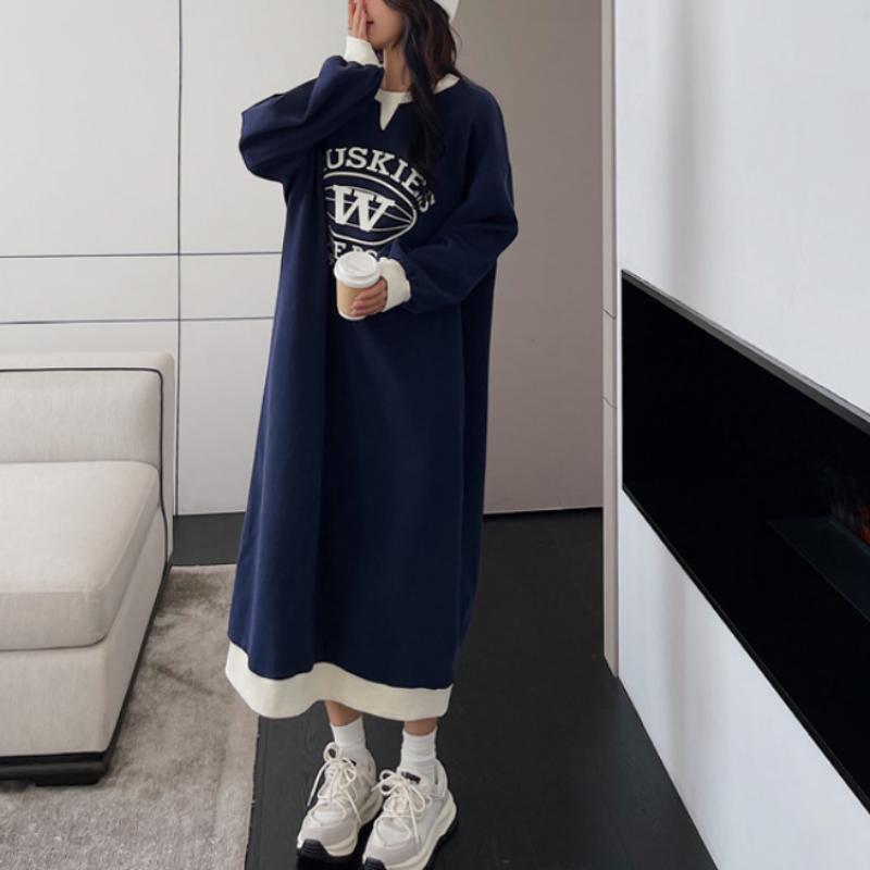Autumn Winter Fashion Print Letter Fleece Long Dresses Women Round Neck Loose Casual Versatile Warm Simple Long Sleeve Dress