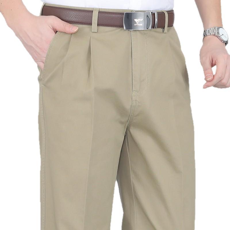 Men's Pure Cotton Double-Pleat Casual Pants - High Waist, Wide Leg, Non-Iron, Summer-Weight for Middle-Aged and Elderly.