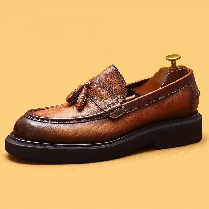 Amazon Popular Leather Loafers Men'S One-Pedal Business Casual British Retro Fringed Platform Leather Shoes