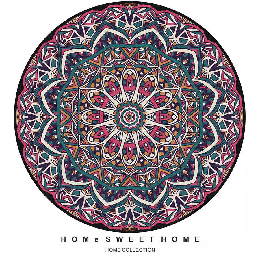 Ethnic Round Carpet: Non-slip, Wear-resistant Crystal Velvet Bedside Rug for Cool Comfort