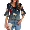 Women's Casual Fashion V-neck Pullover Loose Commuting Floral Three-quarter Sleeve T-shirt Top