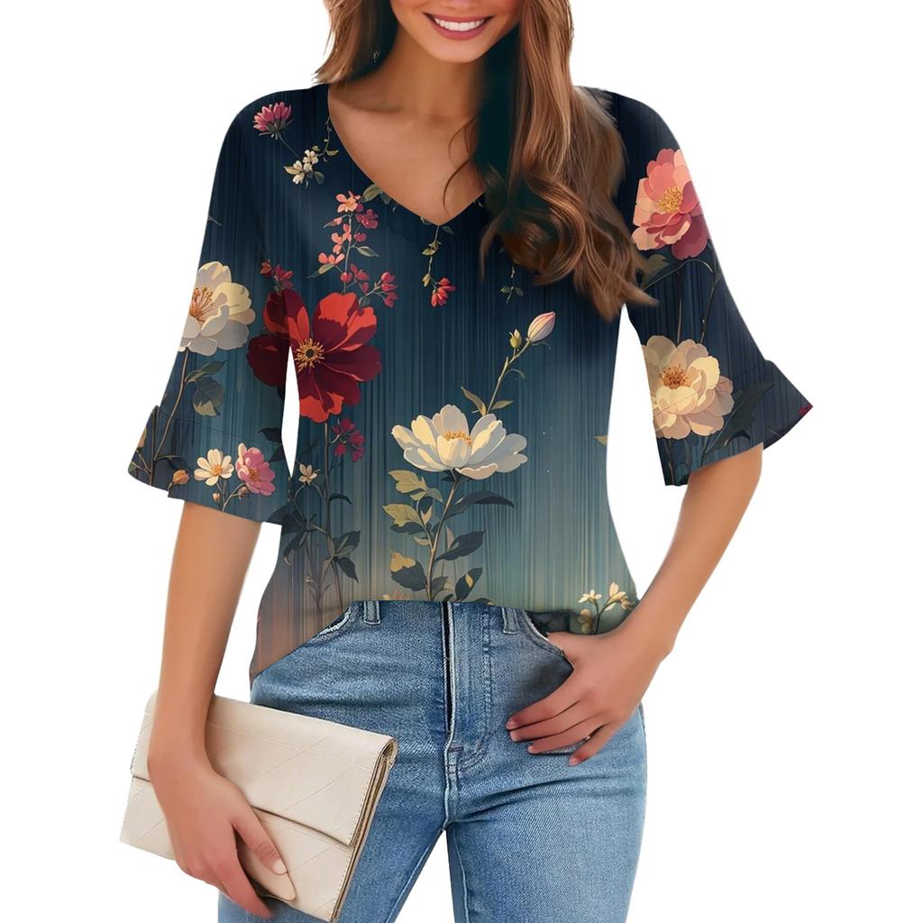 Women's Casual Fashion V-neck Pullover Loose Commuting Floral Three-quarter Sleeve T-shirt Top
