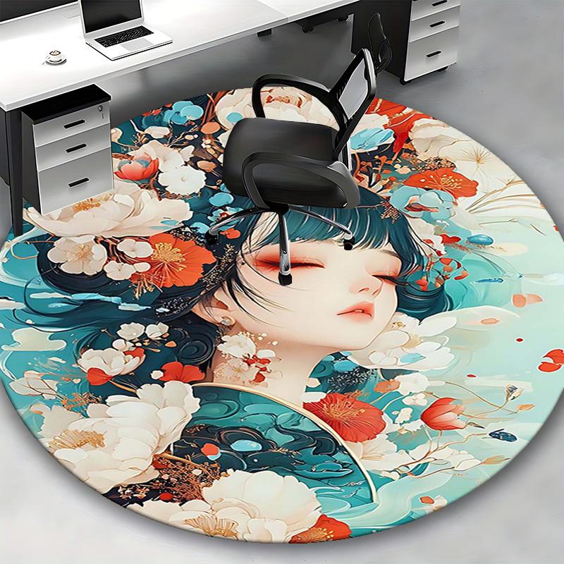 1pc Anime Design Round Carpet Floral Fantasy Chair Mat for Office, Home Decor, Living Room, Bedroom