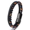 Men's Natural Stone Bracelet with Volcanic Beads, Tiger Eye, Magnetic Clasp, and Braided Leather Cord.