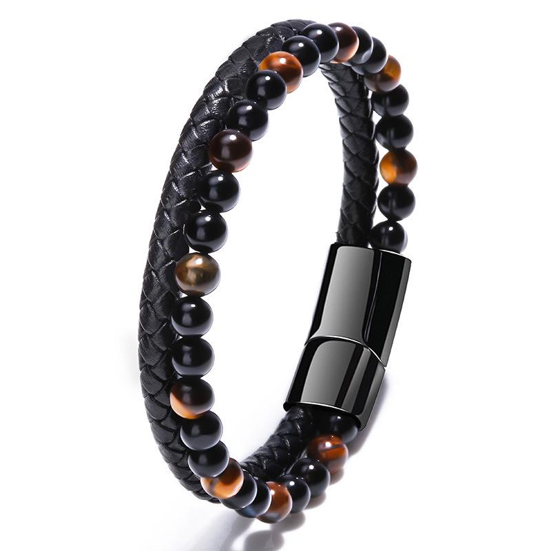 Men's Natural Stone Bracelet with Volcanic Beads, Tiger Eye, Magnetic Clasp, and Braided Leather Cord.