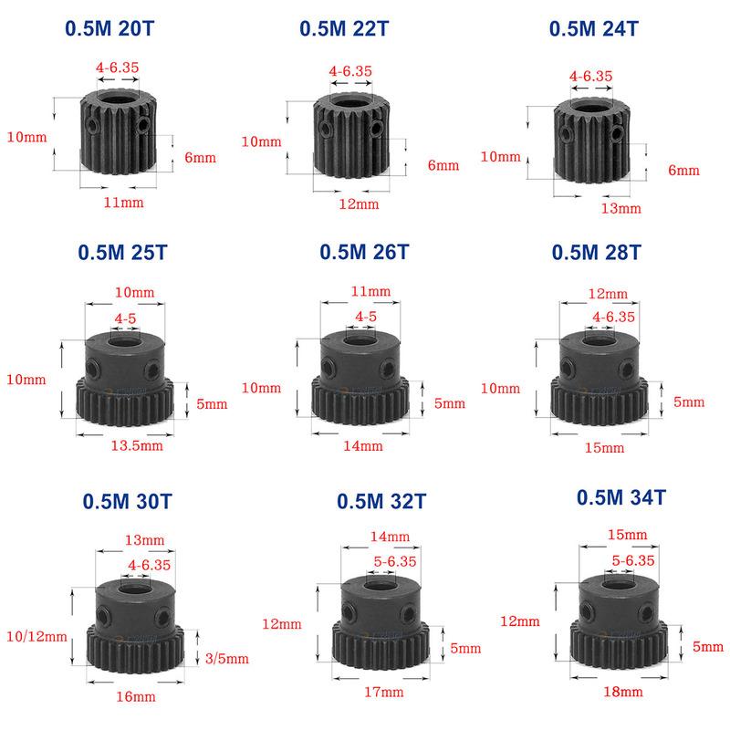 Spur Gear 0.5M 20T - 34T Metal Transmission Gear 45# Steel 0.5 Modulus Pinion Gears Bore 4 5 6 6.35 8mm Surface Blackening