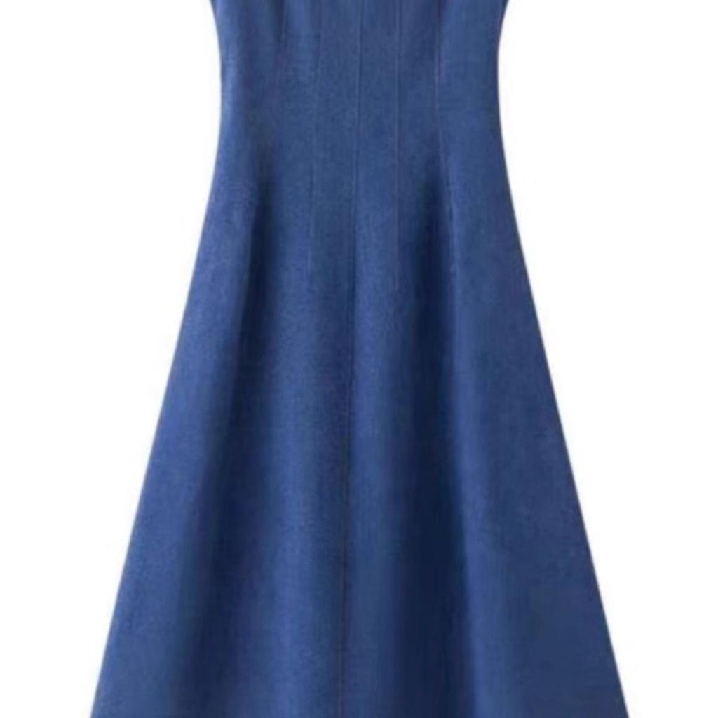 Summer blue fog love French denim dress women's summer niche design sense waist temperament suspender dress