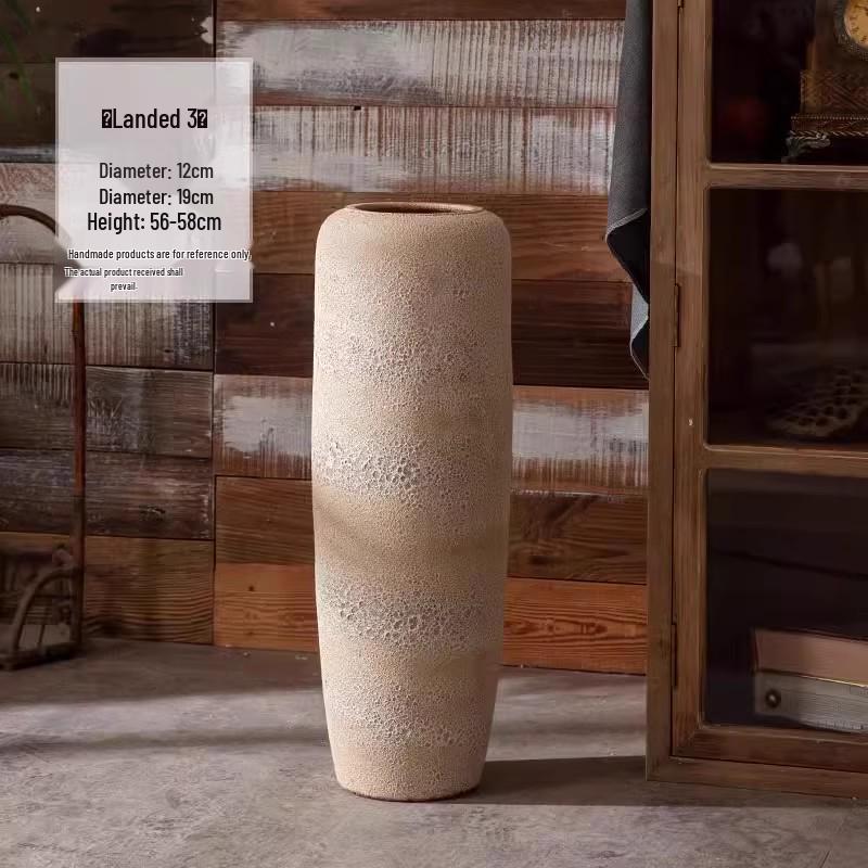 Handmade Retro Nostalgic Large Ceramic Floor Vase – Coarse Pottery Feng Shui Decor for Living Room or Hotel.