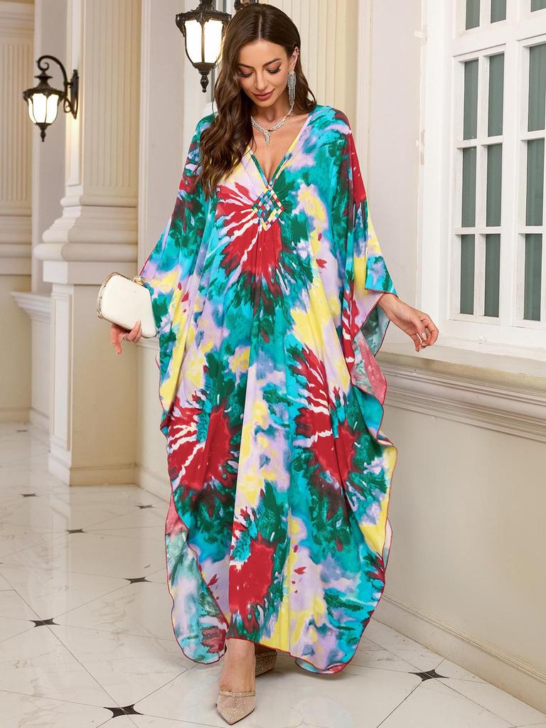 2025 European & American Cotton Printed Beach Dress Women's Long Loose Cover-Up with Sun Protection
