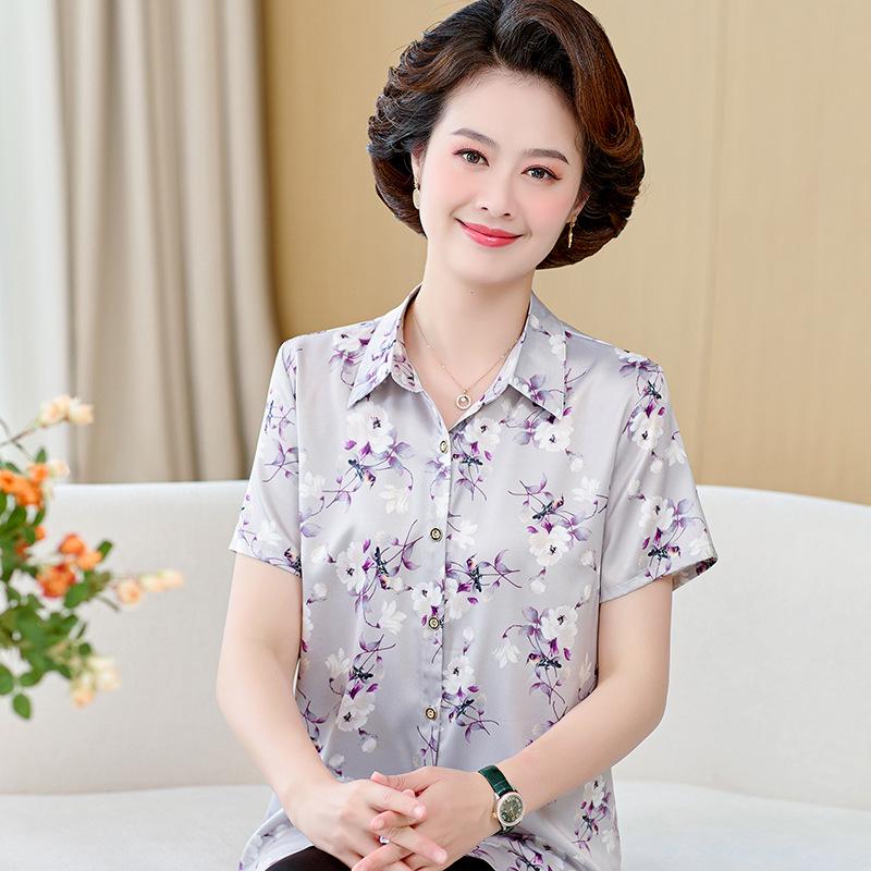 

Silk Short Sleeve Shirt for Middle-Aged & Elderly Women - Loose, Plus Size, Mother s Cardigan Top 5XL (150-165 jin) світло-сірий колір