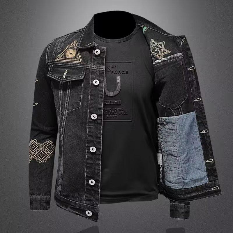 Men's Retro Embroidered Denim Jacket – European & American Style, Autumn/Winter Casual Loose Lapel Workwear.