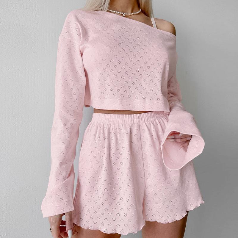 

2024 Европейский и американский трикотажный женский комплект с длинным рукавом и шортами - Мягкая и приятная к коже домашняя одежда M