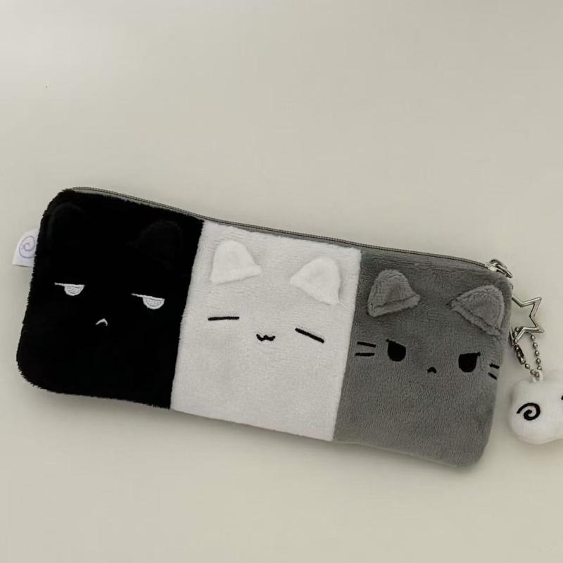 Kawaii Cartoon Black White Grey Color Blocked Plush Pencil Case Student School Desktop Stationery Large Capacity Storage Penbag