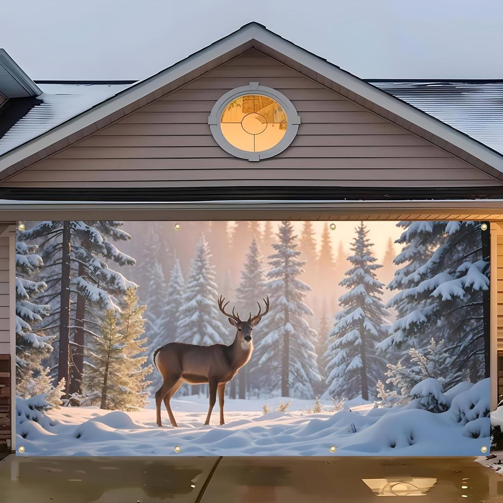 Christmas Deer in Snowy Forest Wreath Banner - Garden Decoration Suitable for Winter and Christmas Holidays - White