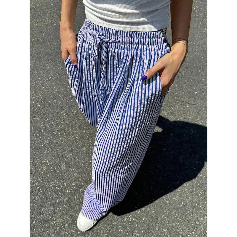 Women's Striped Straight Leg Pants Relaxed Fit Casual Lounge Trousers Versatile All Season Elastic Waist Comfort