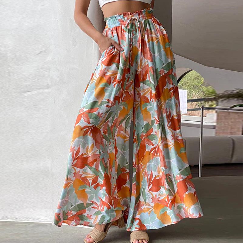 

Летние свободные широкие брюки с принтом, женские брюки-кюлоты с высокой талией, женские праздничные пляжные брюки на шнуровке, длинная юбка, брюки S