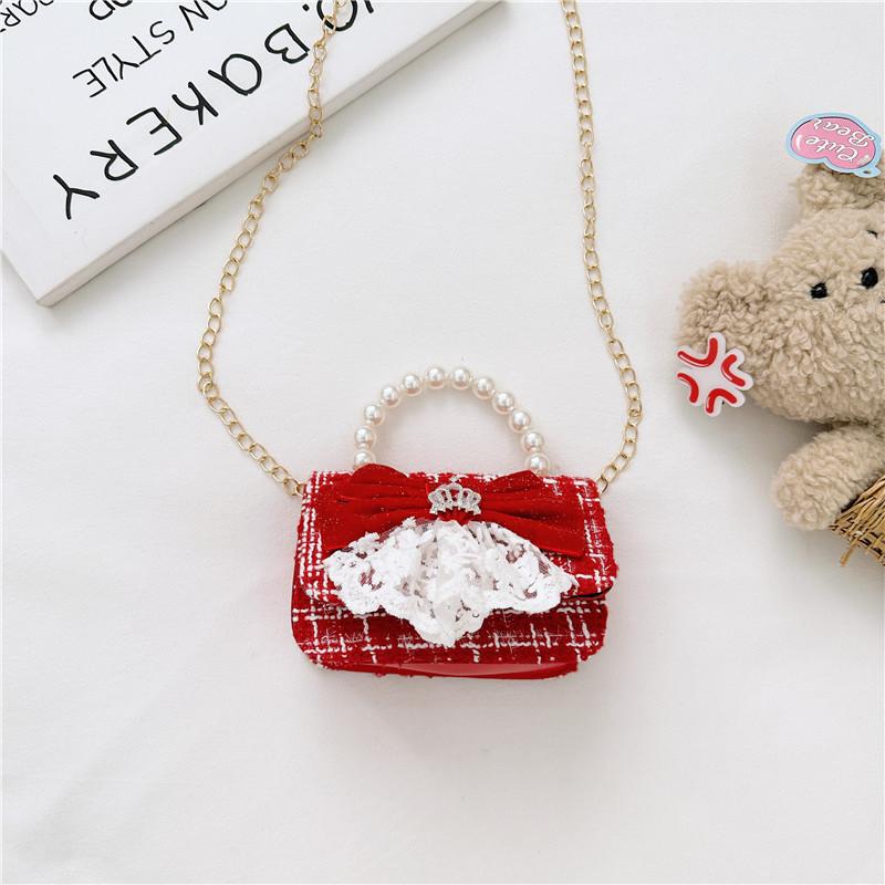 Kids Red Chain Crossbody Bag With Flower And Artificial Pearl Handle Design