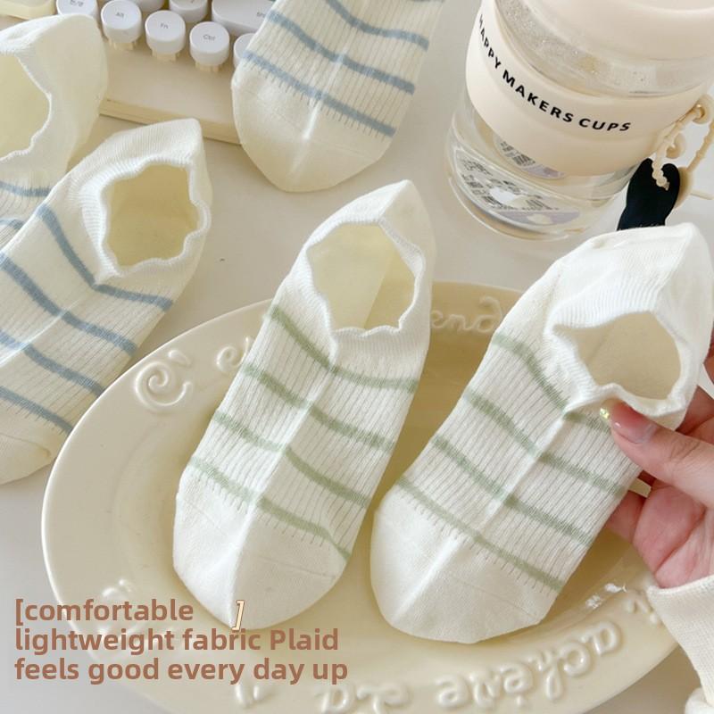 5 Pairs of Women's Spring and Summer Ultra Thin Cotton Striped Non Drop Heel Boneless Boat Socks