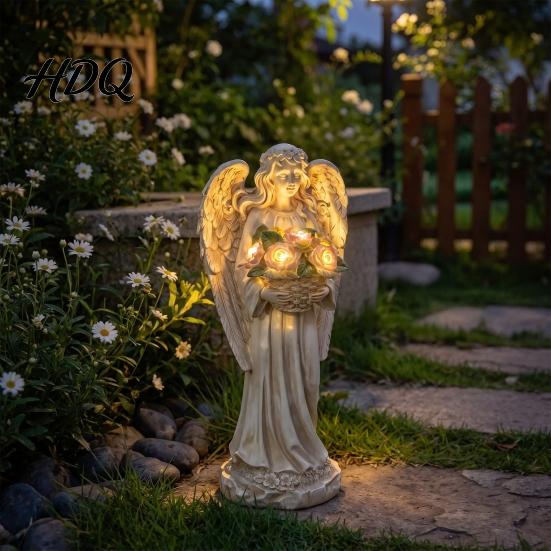 Automatic Night Light for Patio Retro Solar Angel Statue Resin Garden Light Decorative Memorial Sculpture with Flower Basket Outdoor Yard