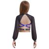 Flickor Dansuppträdande Topp Mock Neck Långärmad Genomskinlig Mesh Utskuren Rygg Axelbandsförsedd Strass Crop Top