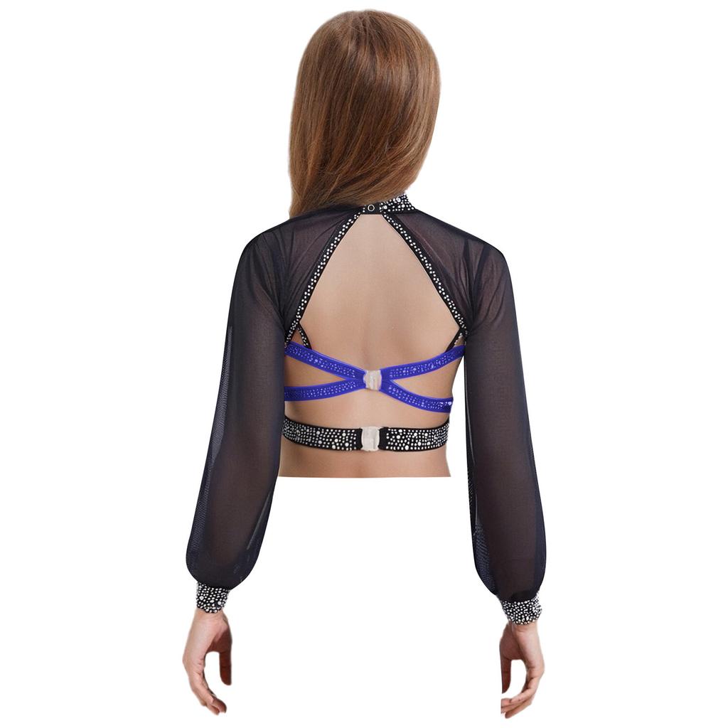Flickor Dansuppträdande Topp Mock Neck Långärmad Genomskinlig Mesh Utskuren Rygg Axelbandsförsedd Strass Crop Top