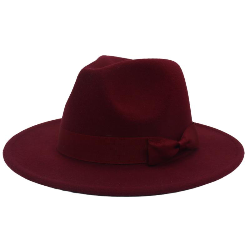 Wind Jazz Hat Big Eaves Hat Bow Flat Edge Top Hat Men And Women Woolen Felt Hat