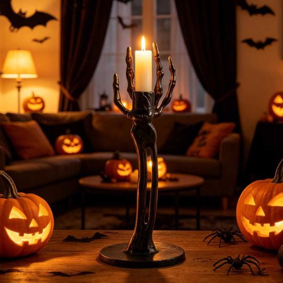 Xiaobudian Halloween Skeleton Candle Holder, Gothic Resin Hand And Standing Candlestick Holders for Table Mantel Decor
