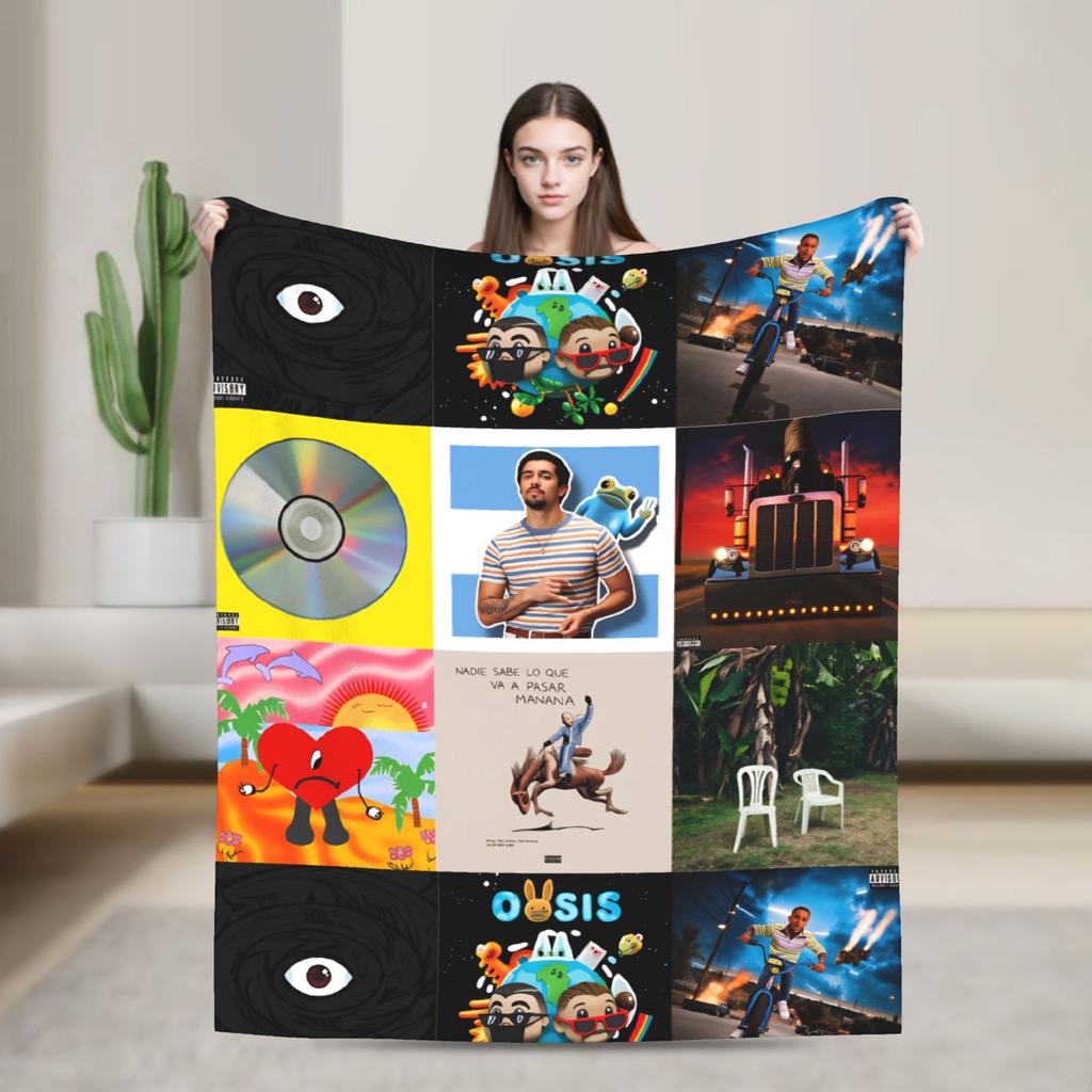 Zanger Bads Bunnys Deken Kwaliteit Warm Beddengoed Plaids Winter Picknick Buiten Grappig Sprei