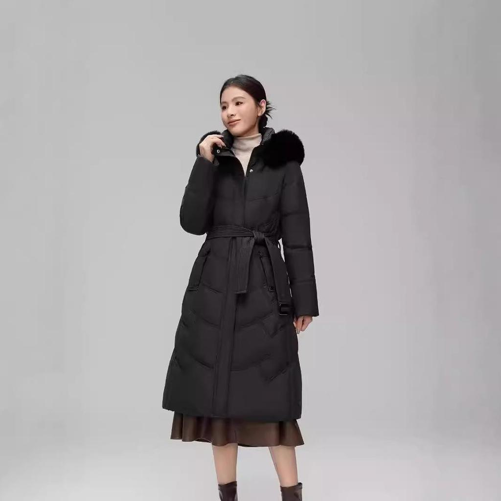 Down Jacket Women's Long Over-the-knee Fur Collar Waist Slim White Duck Down New Winter Coat