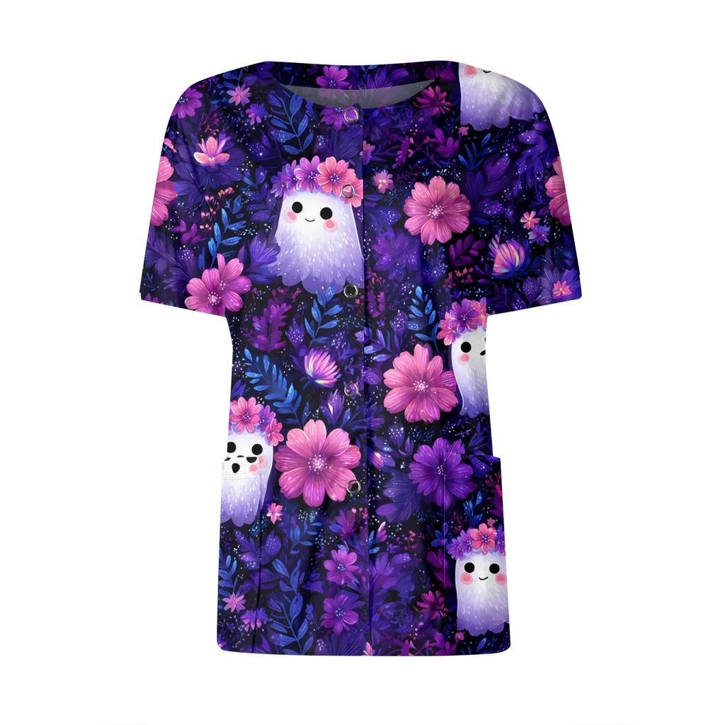 Women's Short Sleeved Patterned Pockets, Work Print Stand Up Collar, Single Breasted Protective Clothing, Cardigan Jacket, Top