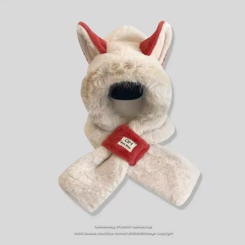 Plush hat scarf integrated women's autumn and winter cute warm ear protection scarf versatile fox ear hat